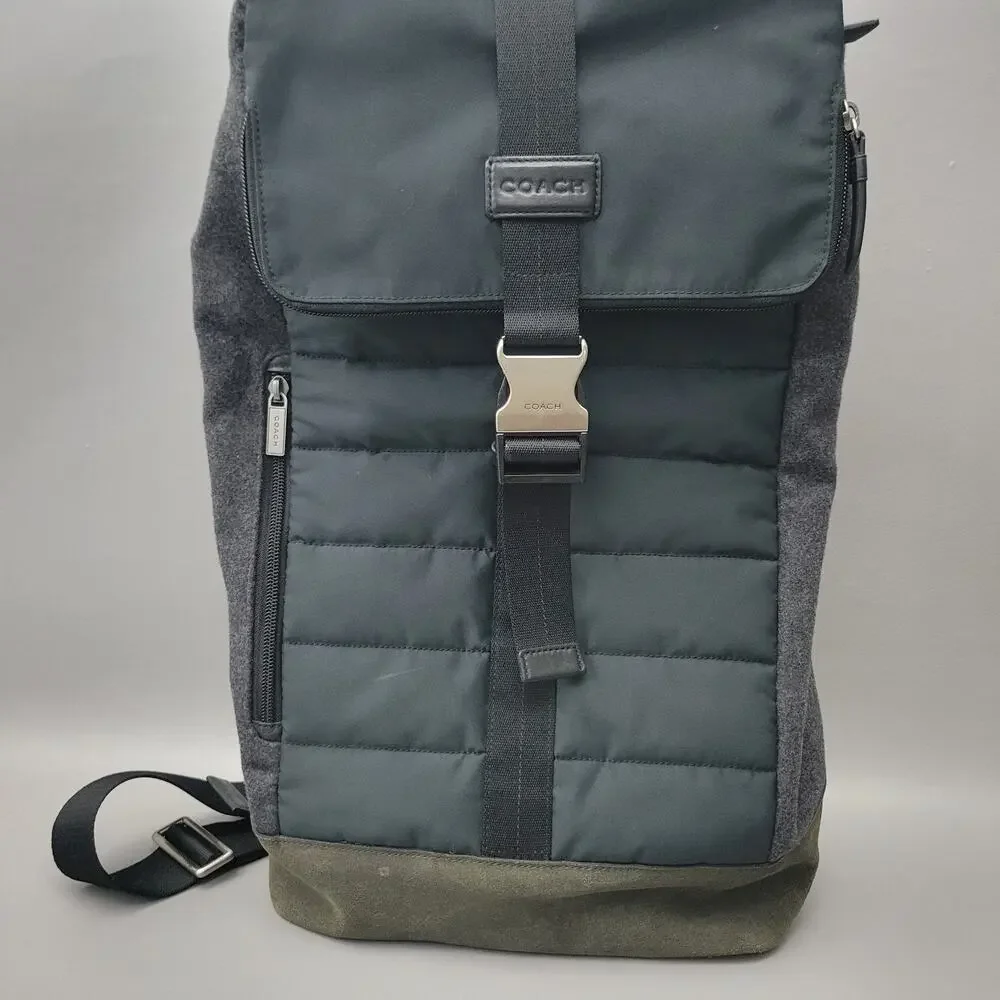 Coach Mens Varick Flap Backpack Mixed Fabic Wool Leather Black Metal Buckle Rare
